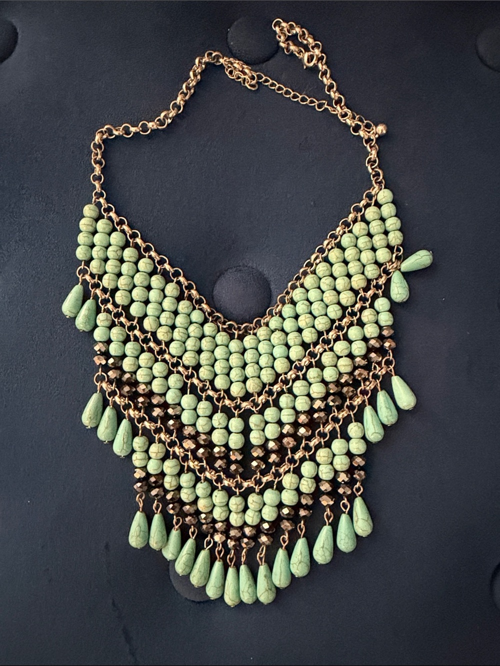 Boho Statement Bib Necklace in Mint Green and Gold
